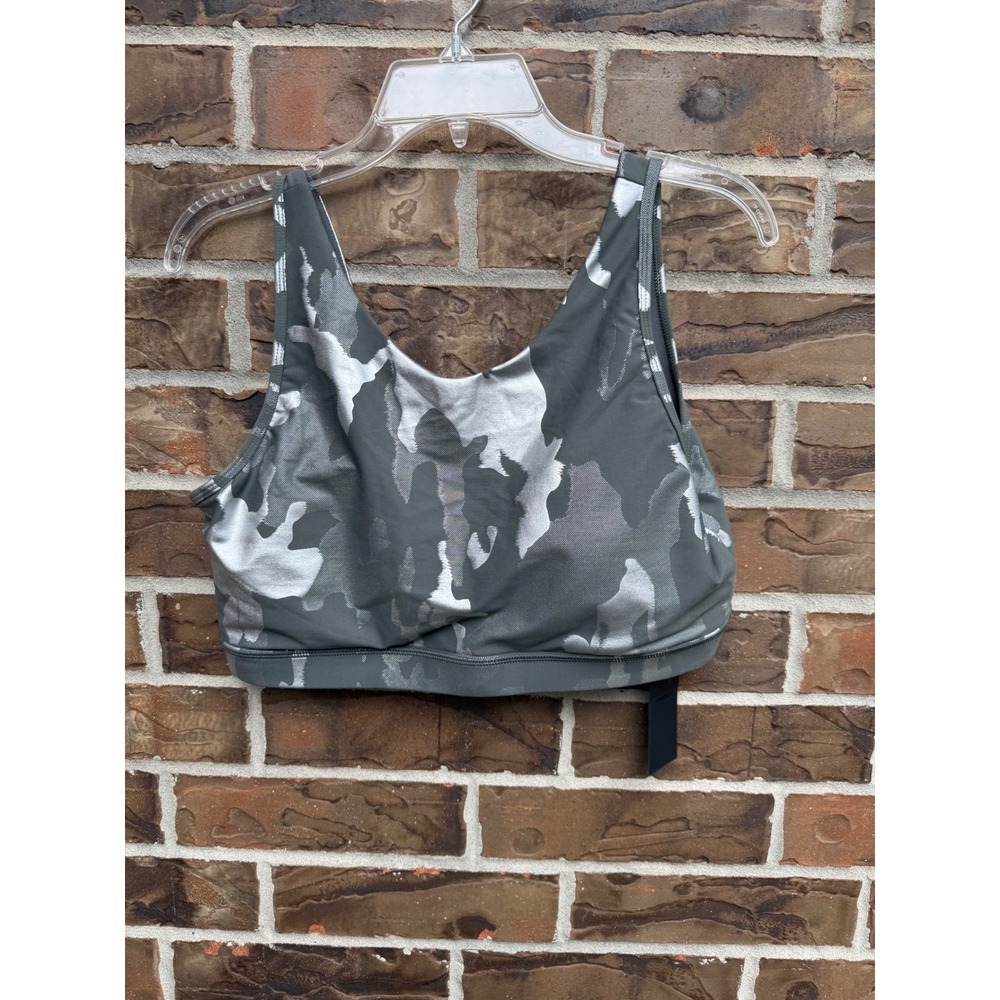 Mono B Womens Silver Foil Camouflage Strappy Back Sports Bra Charcoal Gray L NEW